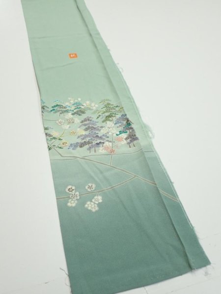 Photo2: 2J08z40  Japanese Kimono Silk  FABRIC Scenery Light blue-green 56.7x7.3 (2)
