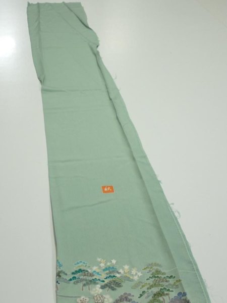 Photo3: 2J08z40  Japanese Kimono Silk  FABRIC Scenery Light blue-green 56.7x7.3 (3)