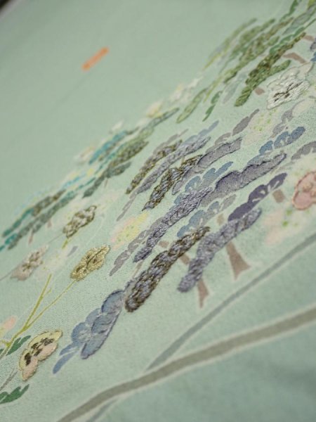 Photo5: 2J08z40  Japanese Kimono Silk  FABRIC Scenery Light blue-green 56.7x7.3 (5)