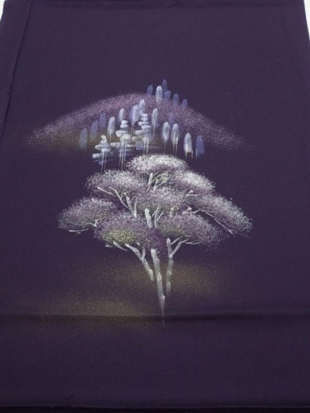 Photo1: 2J01z50  Japanese Kimono Silk  FABRIC Scenery Dark purple 40.9x14.8 (1)