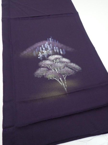Photo2: 2J01z50  Japanese Kimono Silk  FABRIC Scenery Dark purple 40.9x14.8 (2)