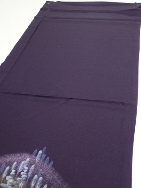 Photo3: 2J01z50  Japanese Kimono Silk  FABRIC Scenery Dark purple 40.9x14.8 (3)