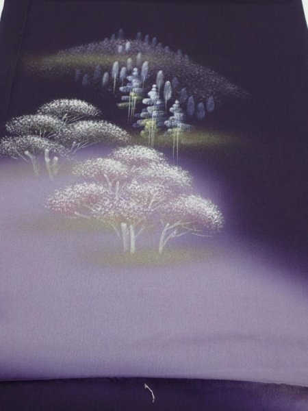 Photo1: 2J02z50  Japanese Kimono Silk  FABRIC Scenery Dark purple 41.7x14.8 (1)