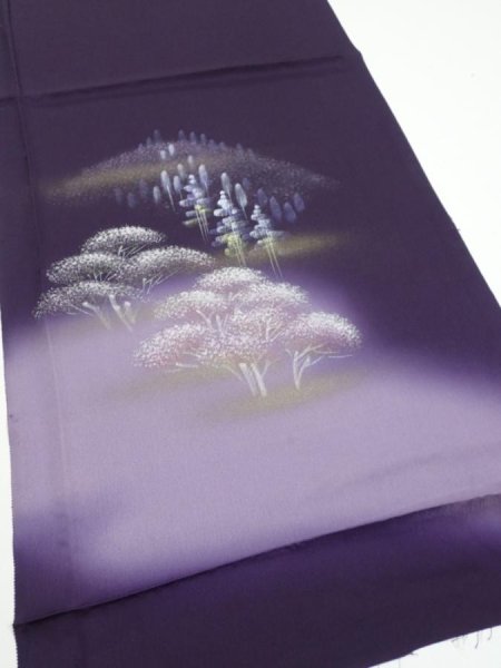 Photo2: 2J02z50  Japanese Kimono Silk  FABRIC Scenery Dark purple 41.7x14.8 (2)