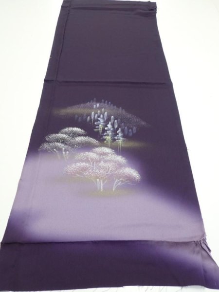 Photo5: 2J02z50  Japanese Kimono Silk  FABRIC Scenery Dark purple 41.7x14.8 (5)