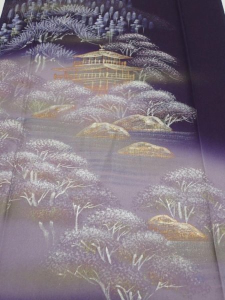 Photo1: 2J04z90  Japanese Kimono Silk  FABRIC Kinkaku-ji Temple Dark purple 69.7x14.8 (1)
