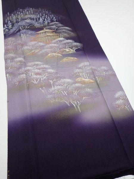 Photo2: 2J04z90  Japanese Kimono Silk  FABRIC Kinkaku-ji Temple Dark purple 69.7x14.8 (2)
