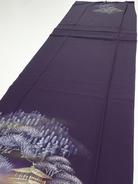 Photo3: 2J04z90  Japanese Kimono Silk  FABRIC Kinkaku-ji Temple Dark purple 69.7x14.8 (3)