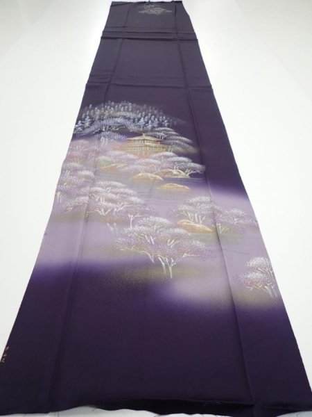 Photo5: 2J04z90  Japanese Kimono Silk  FABRIC Kinkaku-ji Temple Dark purple 69.7x14.8 (5)