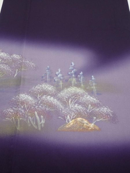 Photo1: 2J05z80  Japanese Kimono Silk  FABRIC Scenery Dark purple 68.5x14.8 (1)