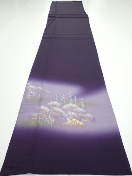 Photo5: 2J05z80  Japanese Kimono Silk  FABRIC Scenery Dark purple 68.5x14.8 (5)