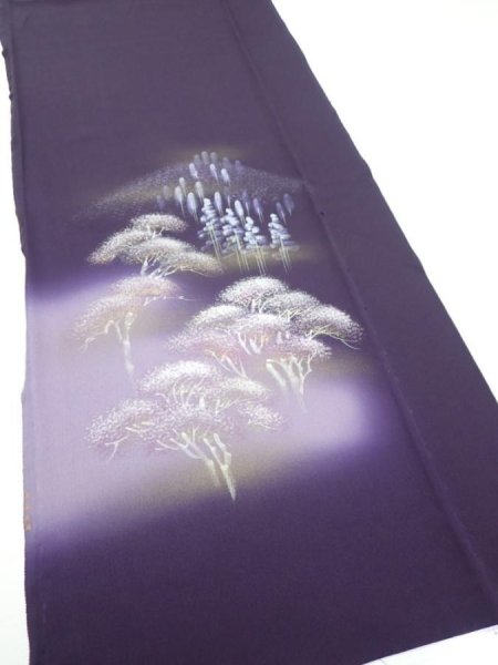 Photo2: 2J06z80  Japanese Kimono Silk  FABRIC Scenery Dark purple 68.9x14.8 (2)