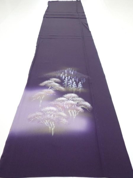 Photo5: 2J06z80  Japanese Kimono Silk  FABRIC Scenery Dark purple 68.9x14.8 (5)