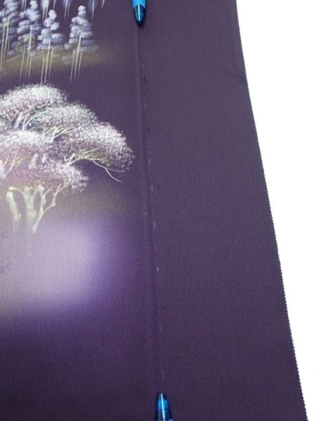 Photo6: 2J06z80  Japanese Kimono Silk  FABRIC Scenery Dark purple 68.9x14.8 (6)