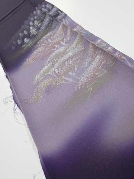 Photo1: 2J07z40  Japanese Kimono Silk  FABRIC Scenery Dark purple 65.4x7.3 (1)