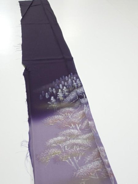 Photo3: 2J07z40  Japanese Kimono Silk  FABRIC Scenery Dark purple 65.4x7.3 (3)