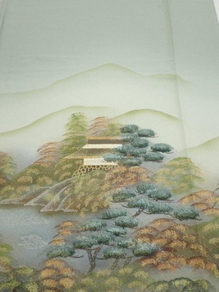 Photo1: 2J04z90  Japanese Kimono Silk  FABRIC Scenery Light green-gray 69.3x14.8 (1)
