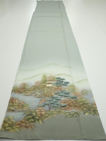 Photo5: 2J04z90  Japanese Kimono Silk  FABRIC Scenery Light green-gray 69.3x14.8 (5)
