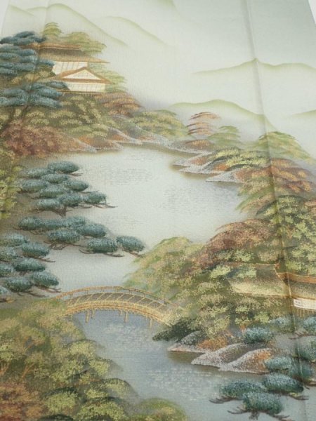 Photo1: 2J05z90  Japanese Kimono Silk  FABRIC Scenery Light green-gray 70.5x14.8 (1)