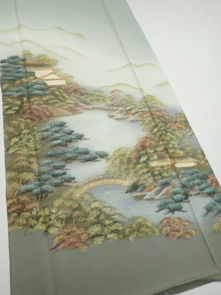 Photo2: 2J05z90  Japanese Kimono Silk  FABRIC Scenery Light green-gray 70.5x14.8 (2)