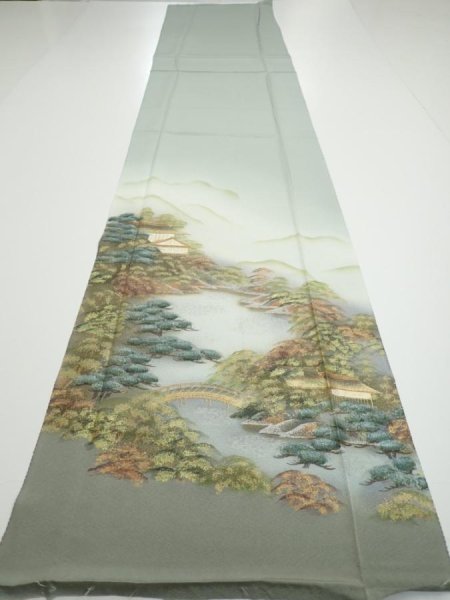 Photo4: 2J05z90  Japanese Kimono Silk  FABRIC Scenery Light green-gray 70.5x14.8 (4)