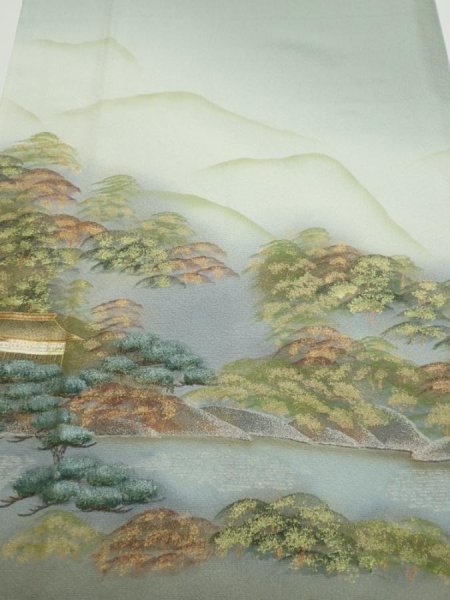 Photo1: 2J06z90  Japanese Kimono Silk  FABRIC Scenery Light green-gray 70.1x14.8 (1)