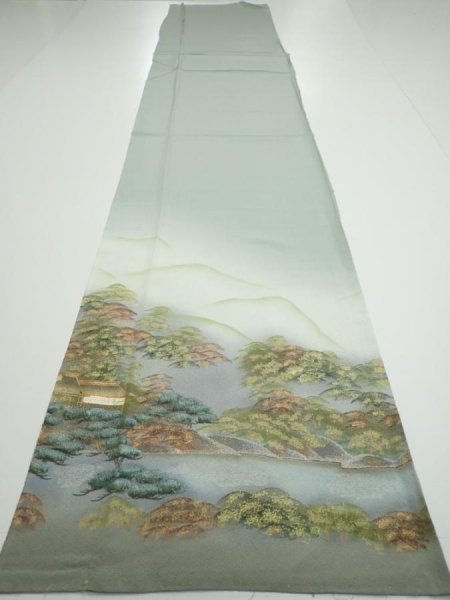 Photo5: 2J06z90  Japanese Kimono Silk  FABRIC Scenery Light green-gray 70.1x14.8 (5)