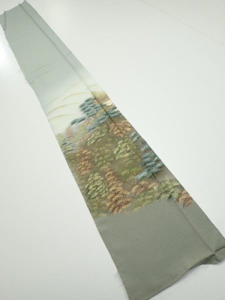 Photo5: 2J07z40  Japanese Kimono Silk  FABRIC Scenery Light green-gray 59.1x7.5 (5)