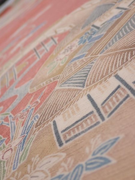 Photo4: 2J01z70  Japanese Kimono Silk  FABRIC Scenery Coral pink 47.2x14.2 (4)