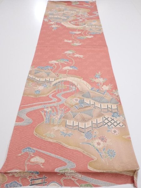 Photo5: 2J01z70  Japanese Kimono Silk  FABRIC Scenery Coral pink 47.2x14.2 (5)