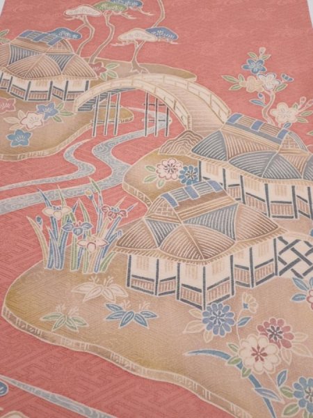 Photo1: 2J02z70  Japanese Kimono Silk  FABRIC Scenery Coral pink 46.9x14.4 (1)
