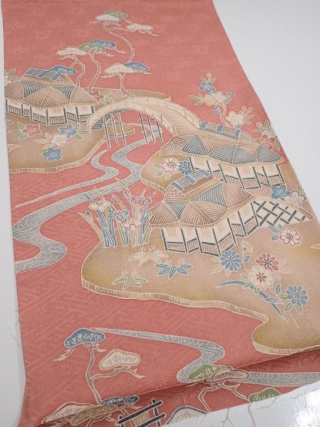 Photo2: 2J02z70  Japanese Kimono Silk  FABRIC Scenery Coral pink 46.9x14.4 (2)