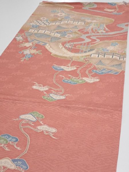 Photo3: 2J02z70  Japanese Kimono Silk  FABRIC Scenery Coral pink 46.9x14.4 (3)