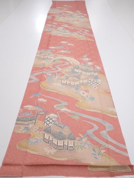 Photo5: 2J03z100  Japanese Kimono Silk  FABRIC Scenery Coral pink 66.9x14.4 (5)