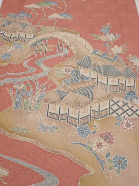 Photo1: 2J05z100  Japanese Kimono Silk  FABRIC Scenery Coral pink 67.3x14.2 (1)
