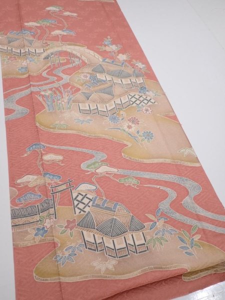 Photo2: 2J05z100  Japanese Kimono Silk  FABRIC Scenery Coral pink 67.3x14.2 (2)