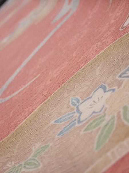 Photo5: 2J07z50  Japanese Kimono Silk  FABRIC Scenery Coral pink 61.4x7.1 (5)