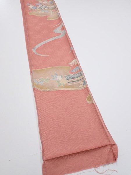 Photo2: 2J08z50  Japanese Kimono Silk  FABRIC Scenery Coral pink 61.0x7.1 (2)
