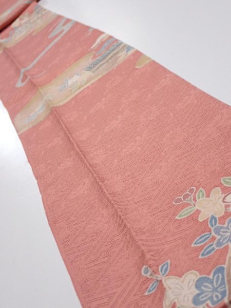 Photo1: 2J09z60  Japanese Kimono Silk  FABRIC Scenery Coral pink 86.6x7.1 (1)