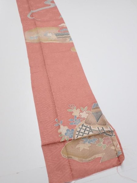 Photo2: 2J09z60  Japanese Kimono Silk  FABRIC Scenery Coral pink 86.6x7.1 (2)