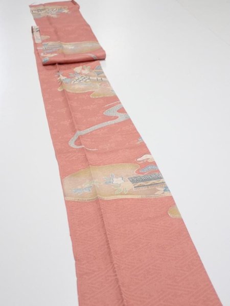 Photo3: 2J09z60  Japanese Kimono Silk  FABRIC Scenery Coral pink 86.6x7.1 (3)