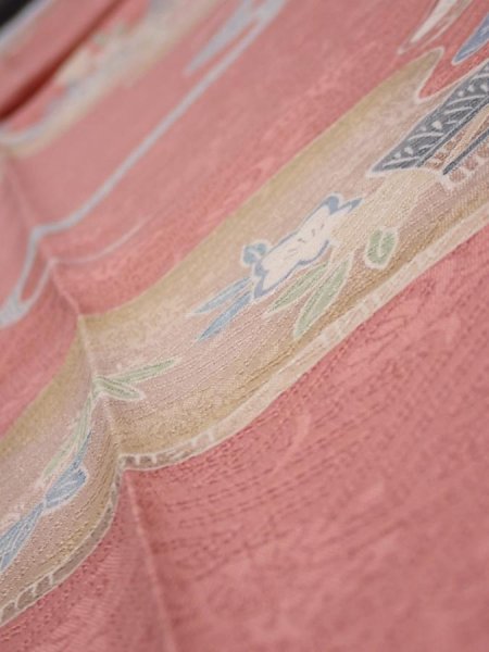 Photo5: 2J09z60  Japanese Kimono Silk  FABRIC Scenery Coral pink 86.6x7.1 (5)