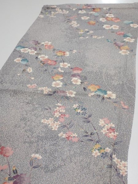 Photo3: 1W01z60  Japanese Kimono Silk  FABRIC Sakura Light gray 42.1x14.6 (3)