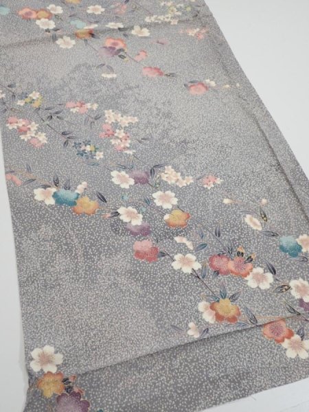 Photo2: 1W02z60  Japanese Kimono Silk  FABRIC Sakura Light gray 41.7x14.6 (2)