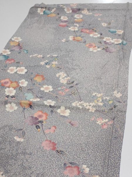 Photo3: 1W02z60  Japanese Kimono Silk  FABRIC Sakura Light gray 41.7x14.6 (3)