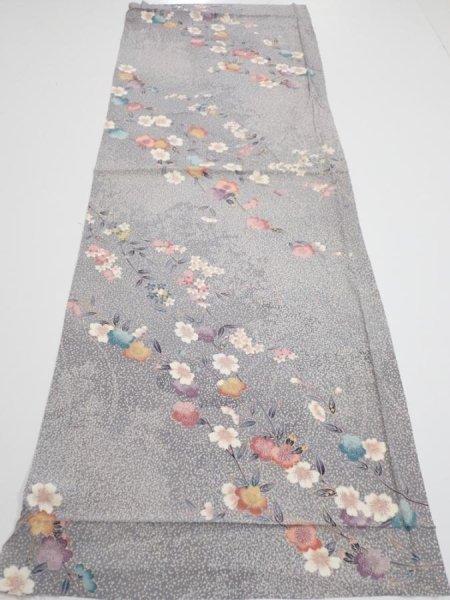 Photo5: 1W02z60  Japanese Kimono Silk  FABRIC Sakura Light gray 41.7x14.6 (5)