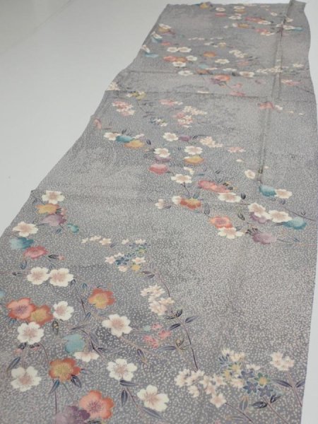 Photo3: 1W03z90  Japanese Kimono Silk  FABRIC Sakura Light gray 69.3x14.6 (3)