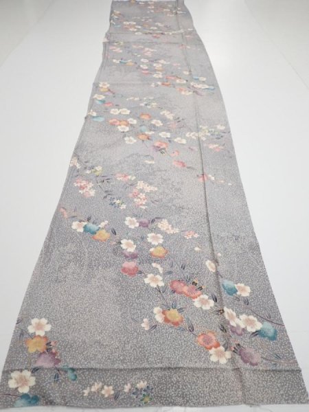 Photo5: 1W03z90  Japanese Kimono Silk  FABRIC Sakura Light gray 69.3x14.6 (5)