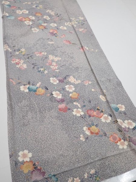 Photo2: 1W05z90  Japanese Kimono Silk  FABRIC Sakura Light gray 68.5x14.8 (2)