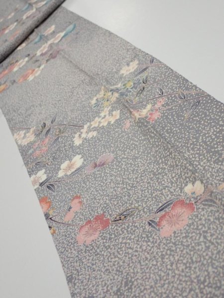 Photo1: 1W09z50  Japanese Kimono Silk  FABRIC Sakura Light gray 82.3x7.1 (1)